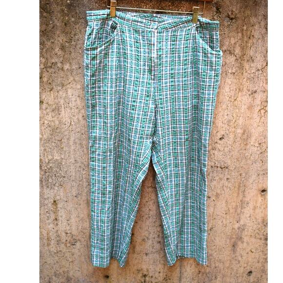 Vintage Green & White Plaid Pants – Lightweight Cotton Blend – Size Medium - Picture 1 of 3